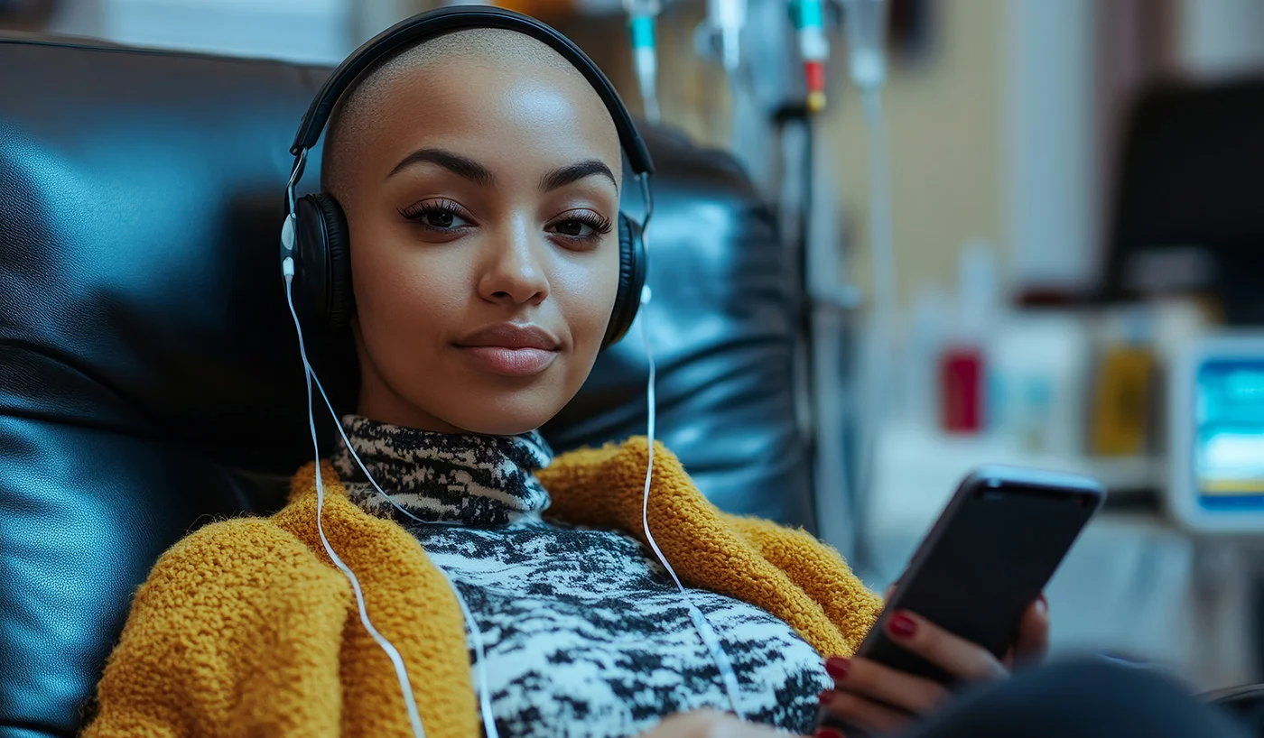 Portrait of bald young woman receiving IV treatment